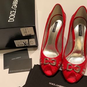 Dolce & Gabbana Red Patent Peep Toe Pumps 8.5